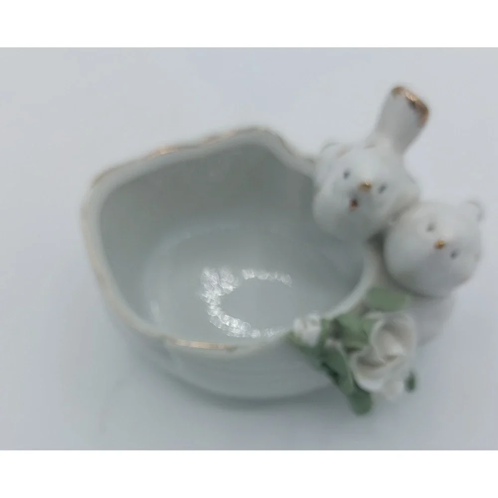 Vtg Porcelain Trinket Dish Planter Dove Birds Raised Flowers White Gold Trim